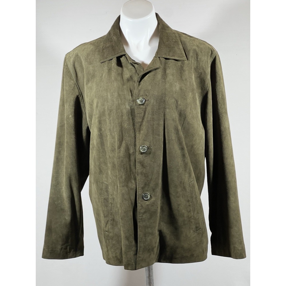 Lucy Shirt Jacket Womens Medium Green Suede Button Front Lined Utility Pockets